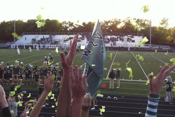 BVSW+students+cheer+on+the+Timberwolves+against+Gardner+Edgerton+in+a+shower+of+confetti.