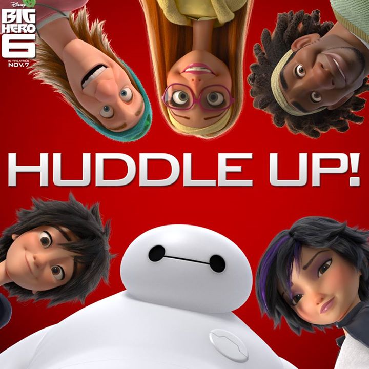 The main characters of Big Hero 6 huddle around in this promotion picture.
