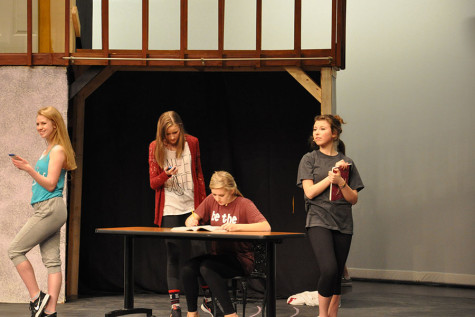 Paige Boomer, Emily Butler( in center),  Hannah Tymosko (on right), and  Lauren Browning ( on left) rehearse 2 weeks before Legally Blonde performance in the PAC. 