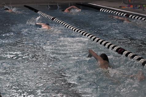 The swimmers warm up and prepare for state training.