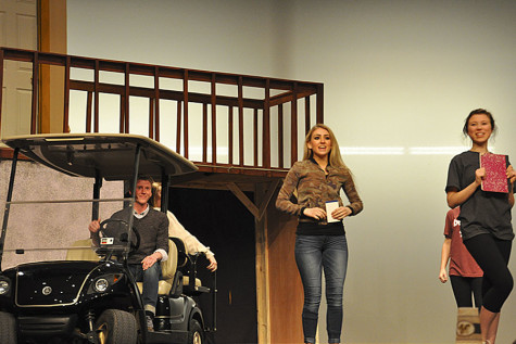 Giana Epps (center)  Zach St. Clair (on left) and Hannah Tymosko (on right) preparing for the show. 