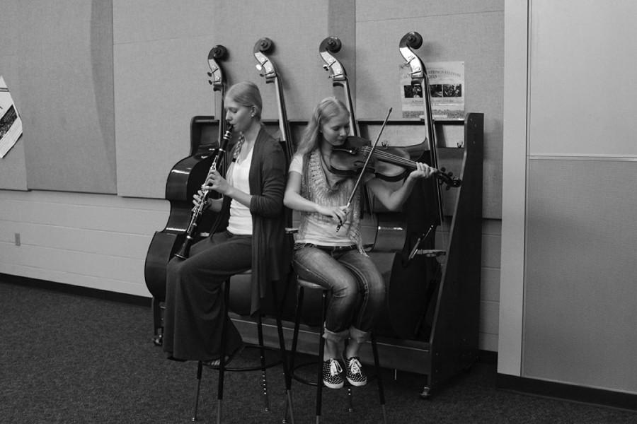 Seniors Ellen and Holly Long are in both orchestra and band. Ellen plays the violin and clarinet, while Holly chooses to play the flute and viola.