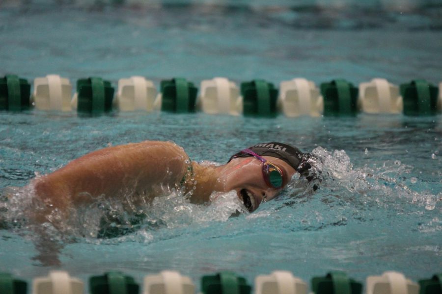 Goggles on, senior Kendal Rintamaki competes in her race to improve her time. 
