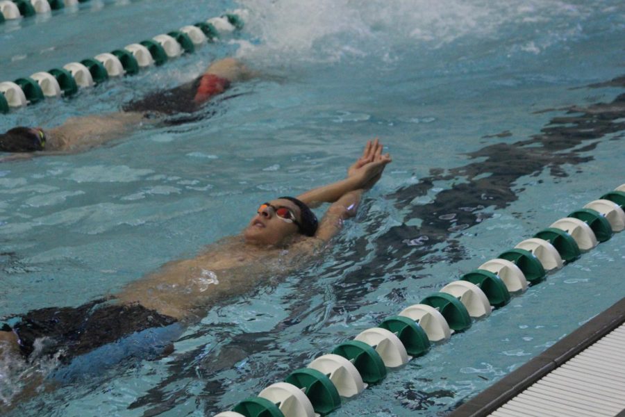 Senior+Yaseen+El-Demerdash+shares+the+lane+as+he+practices+the+backstroke.