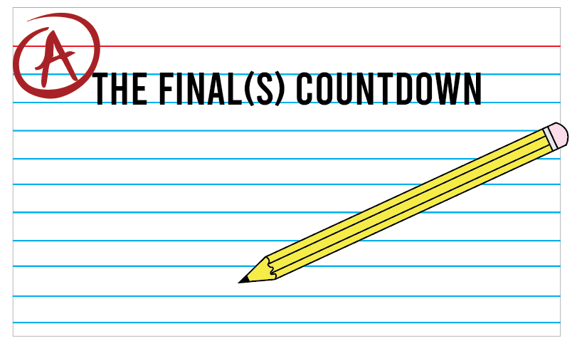 A graphic of a pencil and a note card depicts study tools used for final exams.