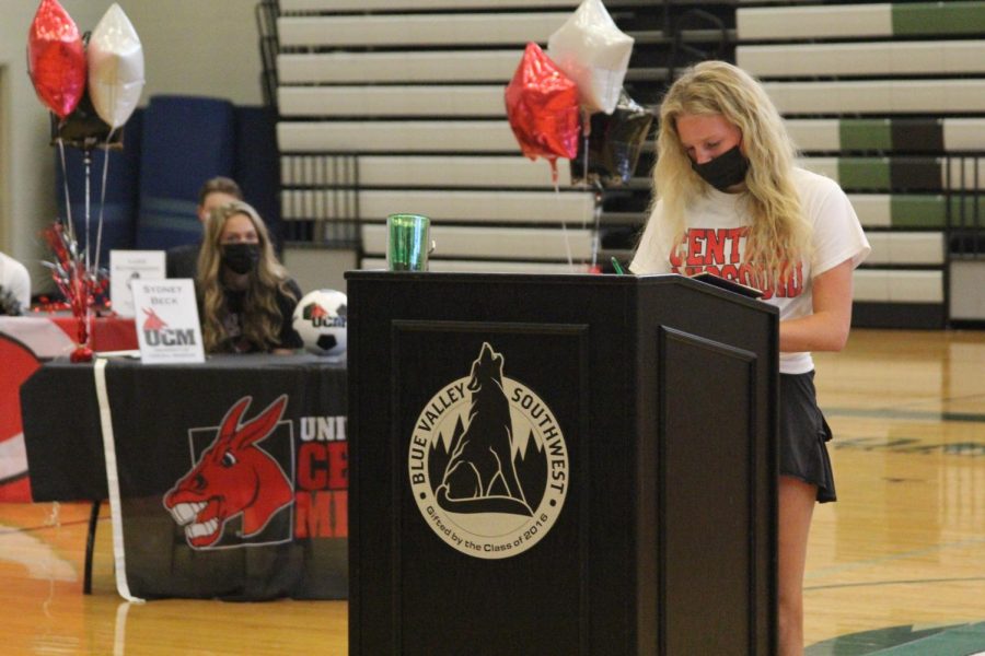 Teammate behind her, senior Lexie Ruf officially commits to the University of Central Missouri. Ruf continued her soccer and academic career. 