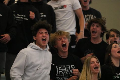 Juniors Cole Cronk shouts the class chant with Juniors Cadyn Crook and Quillan Rank on April 21.