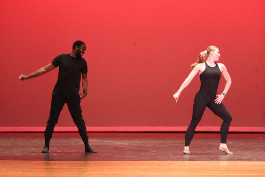 In sync, coaches Jaymes Dickinson and Elise Nill take part in a dance during the spring showcase on April 7. 