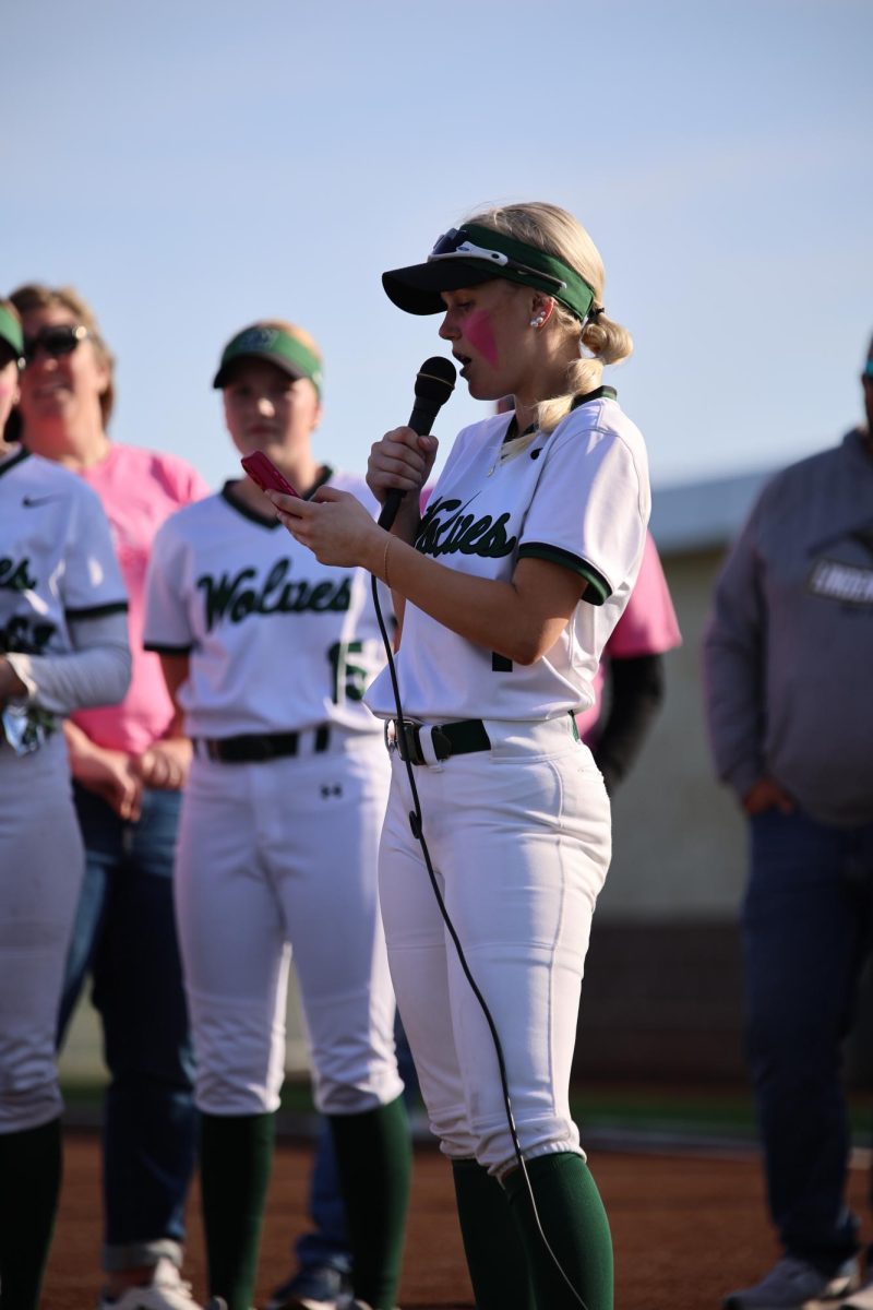 Junior Melia Peters gives a speech for senior night. 

