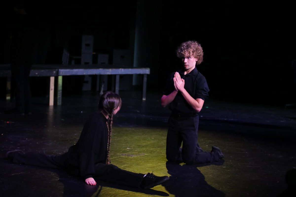 Improving, sophomore Annabelle Wolfer goes into the splits in front of junior Logan Shaddox during the winter showcase on Jan. 14.