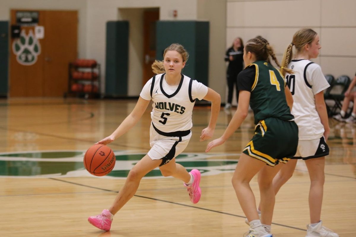 Running around an opponent, freshman Ashley Gerlach dribbles the ball at a basketball game on Jan. 8.