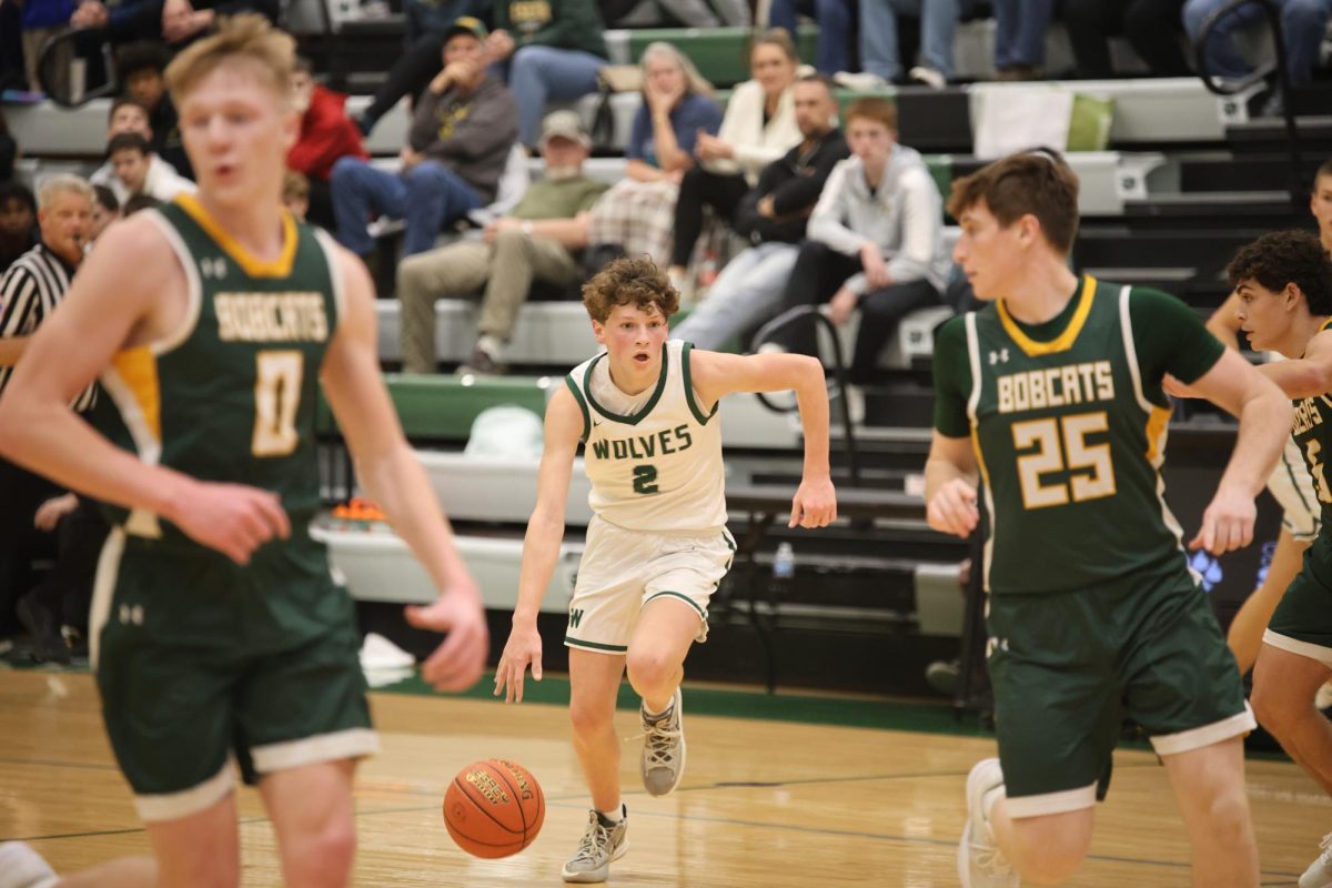 Dribbling up the court, sophomore Brady Bonczynski goes for a basket against Basehor-Linwood during the basketball game on Jan. 8.