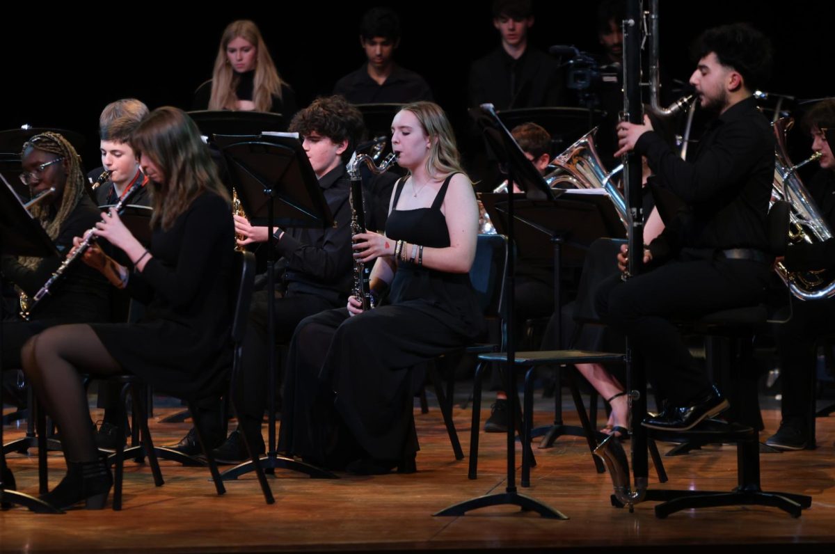 Playing the music, sophomore Olivia Petzold performs at the band concert on March 11.